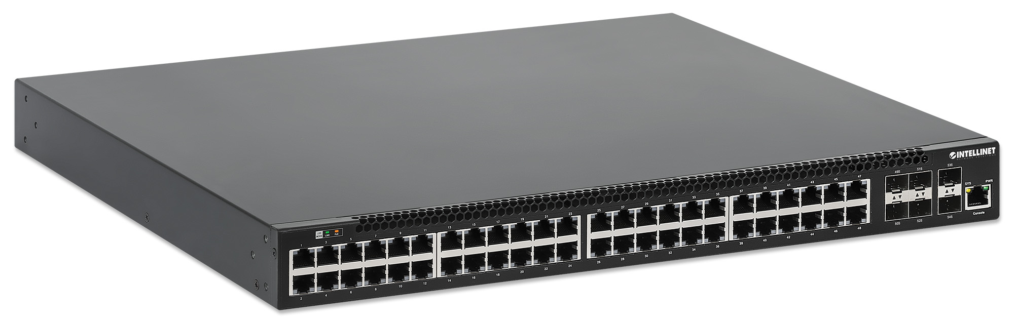 Intellinet 54-poorts L3 volledig beheerde Gigabit PoE+ netwerk switch, 48x RJ45 + 6x 10G SFP+ uplinks, PoE-budget 850 W, Layer 3 routing, VLAN/QoS, 19" rackmontage, professionele netwerkomgevingen, 3 jaar garantie - Afbeelding 3