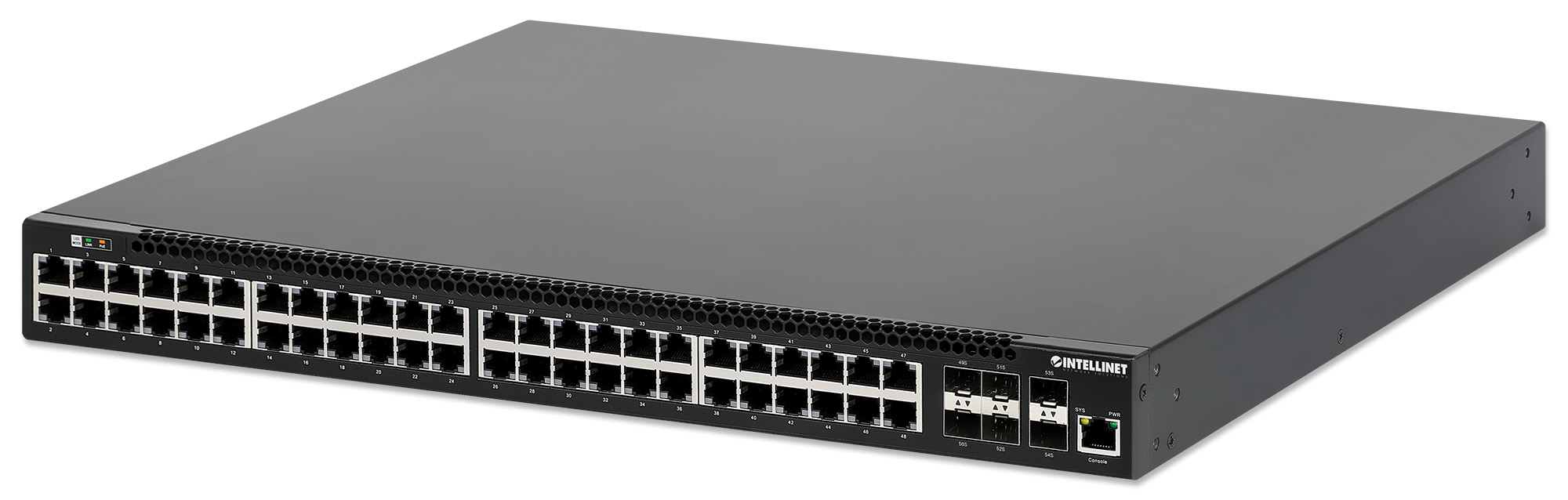 Intellinet 54-poorts L3 volledig beheerde Gigabit PoE+ netwerk switch, 48x RJ45 + 6x 10G SFP+ uplinks, PoE-budget 850 W, Layer 3 routing, VLAN/QoS, 19" rackmontage, professionele netwerkomgevingen, 3 jaar garantie