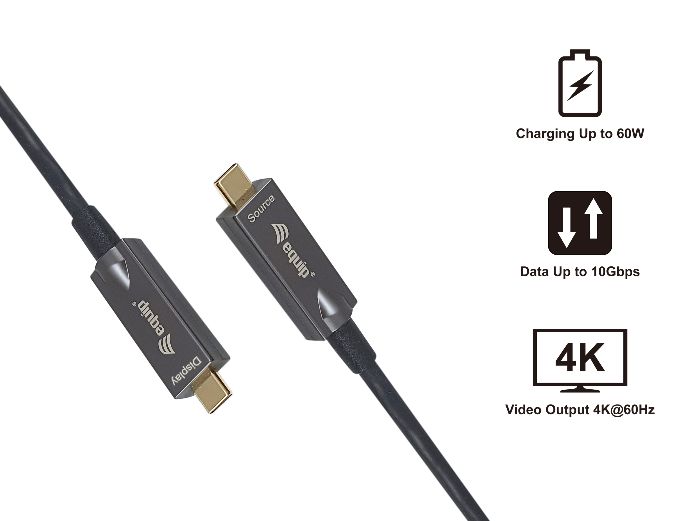 Equip 119462 USB-C naar C Active Optical Kabel, M/M, 10m, PD 60W, 4K/60Hz, 10Gbps, Video+Data+PD - Afbeelding 5
