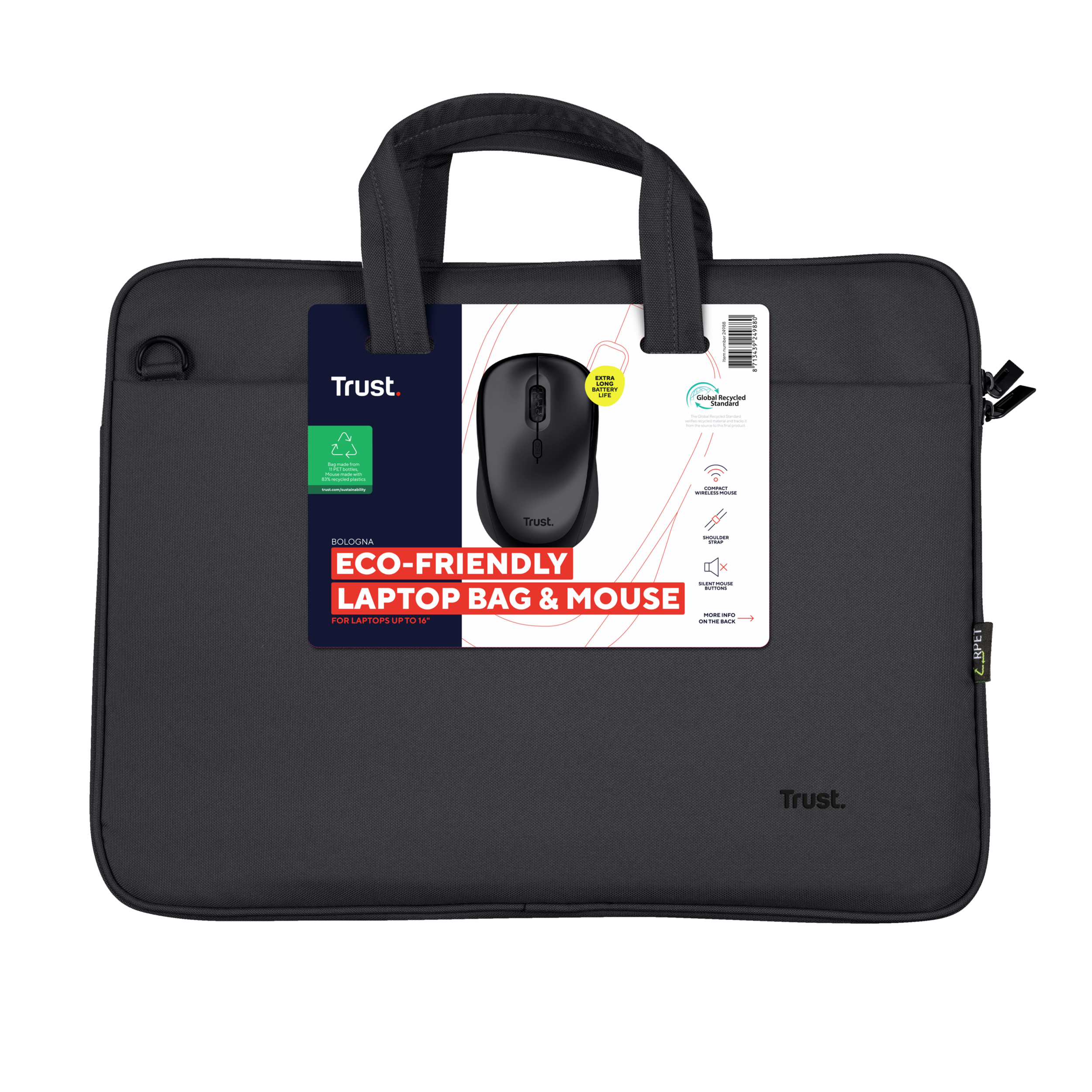 Trust Bologna laptop schoudertas 16 inch - Laptop schoudertas – Voor laptops tot 16 inch – Gerecycled materiaal – Zwart - Afbeelding 10