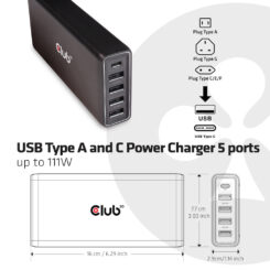 CLUB3D USB Type A and C Power Charger, 5 ports up to 111W - Afbeelding 6