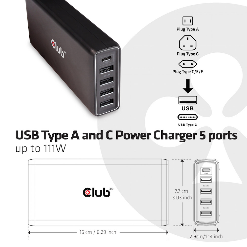 CLUB3D USB Type A and C Power Charger, 5 ports up to 111W - Afbeelding 6