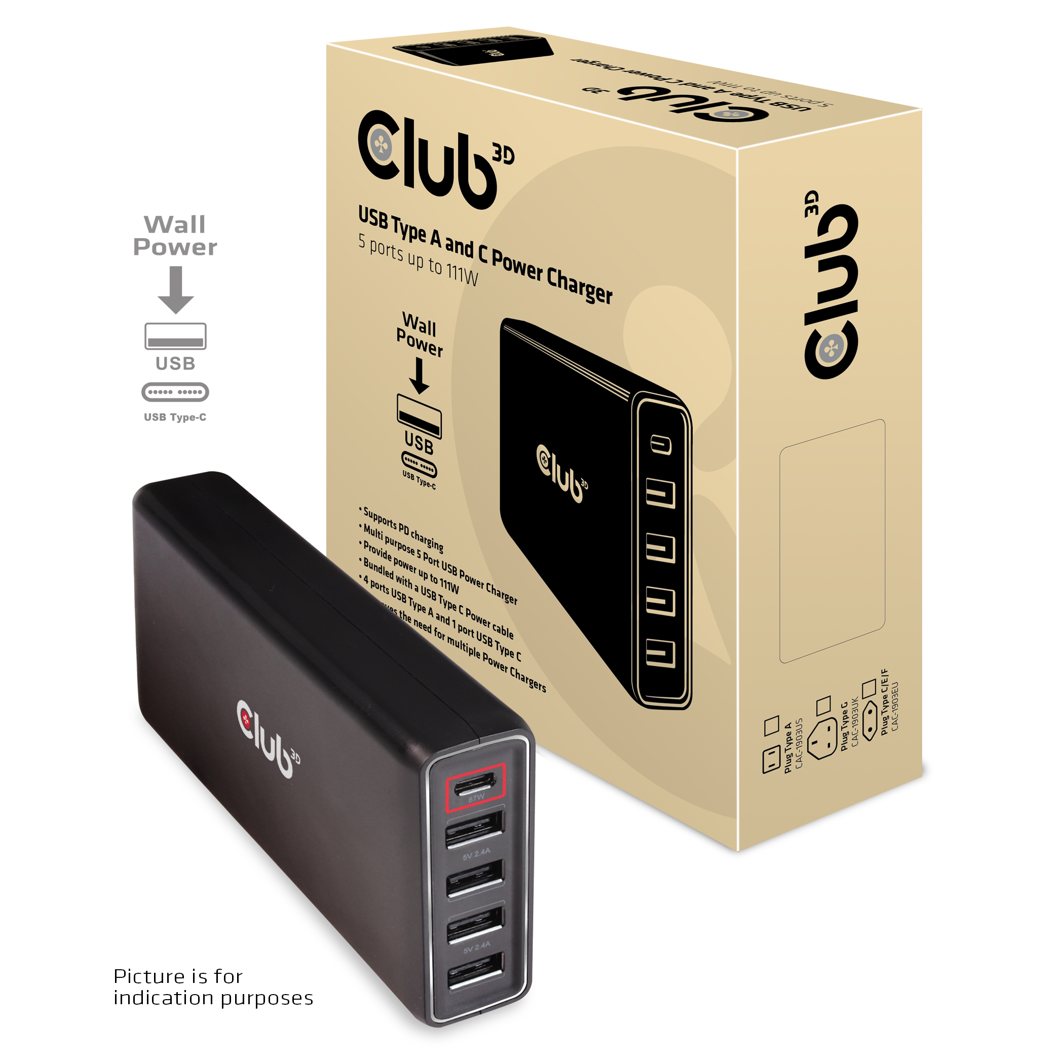 CLUB3D USB Type A and C Power Charger, 5 ports up to 111W - Afbeelding 2