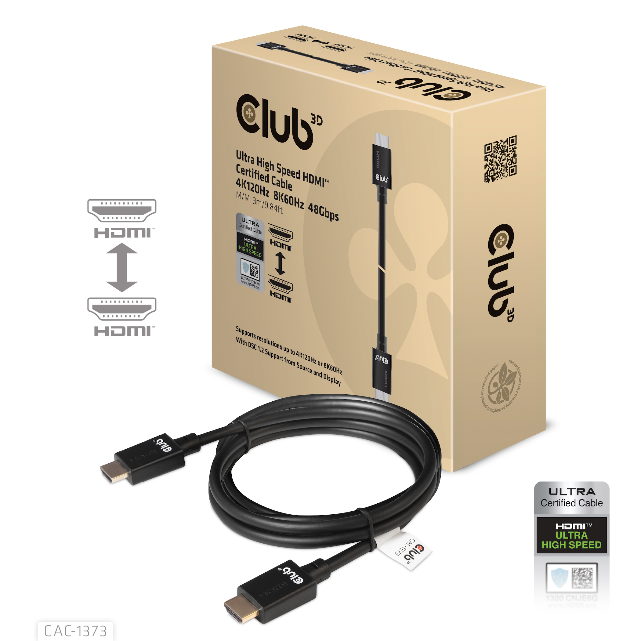 CLUB3D Ultra High Speed HDMI™2.1 gecertificeerde kabel 4K120Hz, 8K60Hz 48Gbps M/V 3 meter - Afbeelding 2