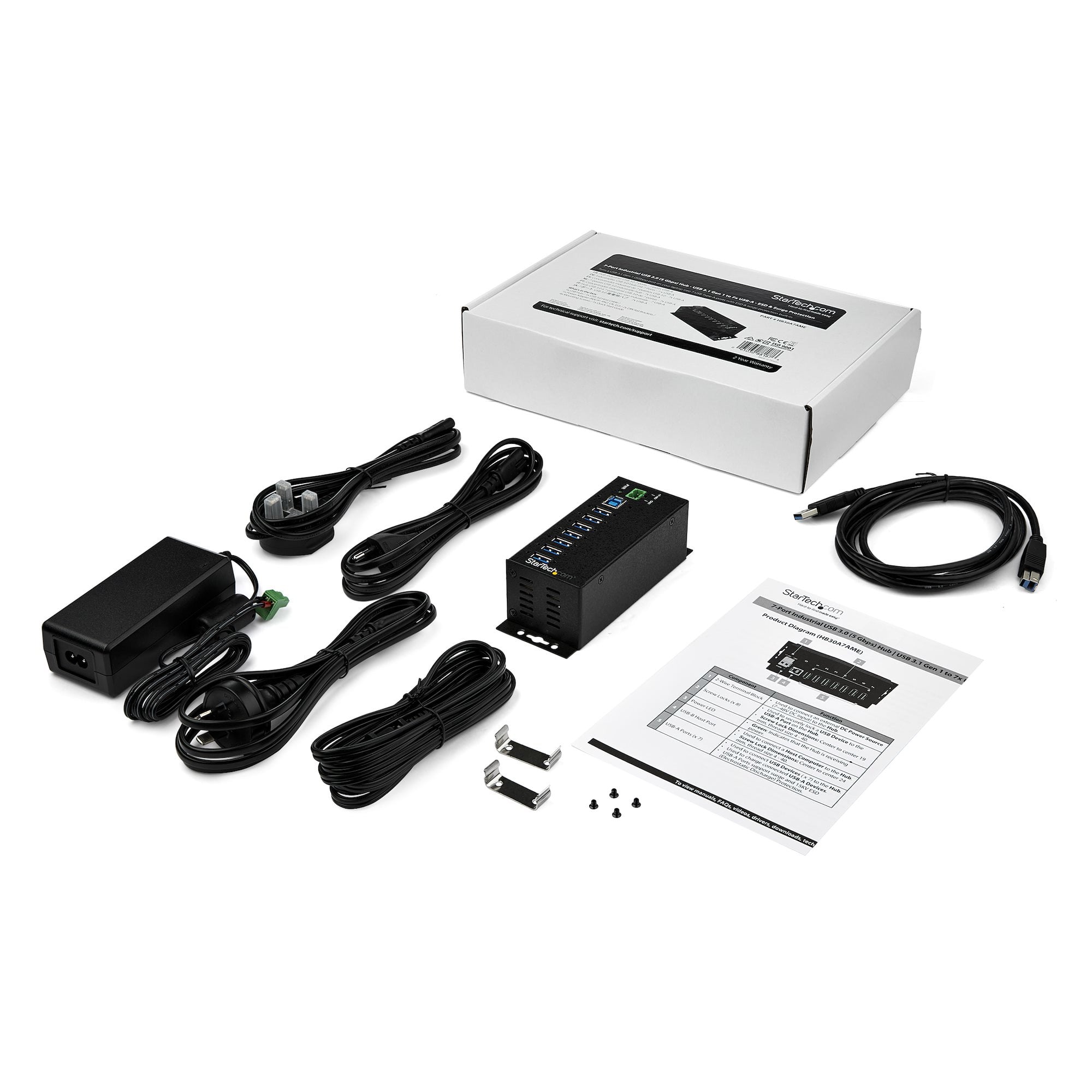 StarTech.com 7-Port USB 3.0 Hub met Power Adapter - Metalen Industriële USB-A Hub met ESD & 350W Overspanningsbeveiliging - Din Rail/Wand/Bureau Monteerbaar - High Speed USB 3.2 Gen 1 (5Gbps) Hub - Afbeelding 5