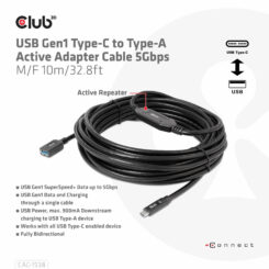 CLUB3D USB Gen1 Type-C to Type-A Active Adapter Cable 5Gbps M/F 10m/32.8ft - Afbeelding 4