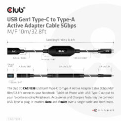 CLUB3D USB Gen1 Type-C to Type-A Active Adapter Cable 5Gbps M/F 10m/32.8ft - Afbeelding 5