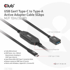 CLUB3D USB Gen1 Type-C to Type-A Active Adapter Cable 5Gbps M/F 10m/32.8ft - Afbeelding 9