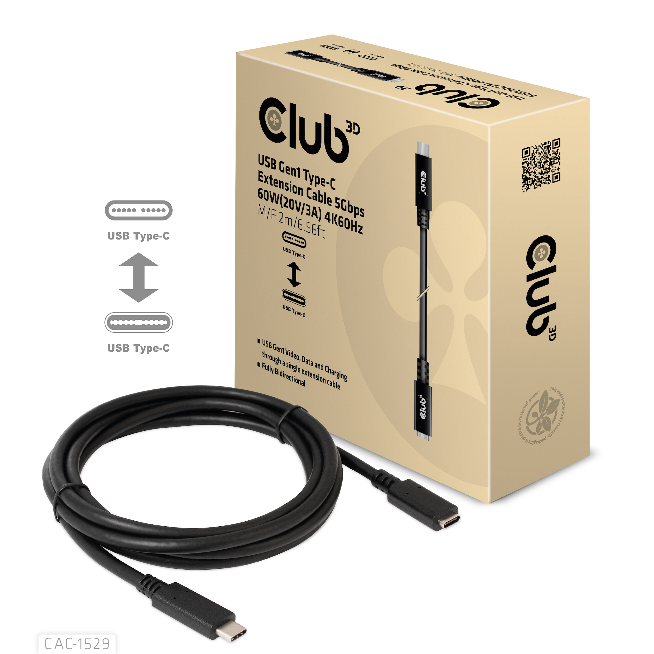 CLUB3D USB Gen1 Type-C Extensie kabel 5Gbps 60W(20V/3A) 4K60Hz M/F 2m/6.56ft - Afbeelding 3