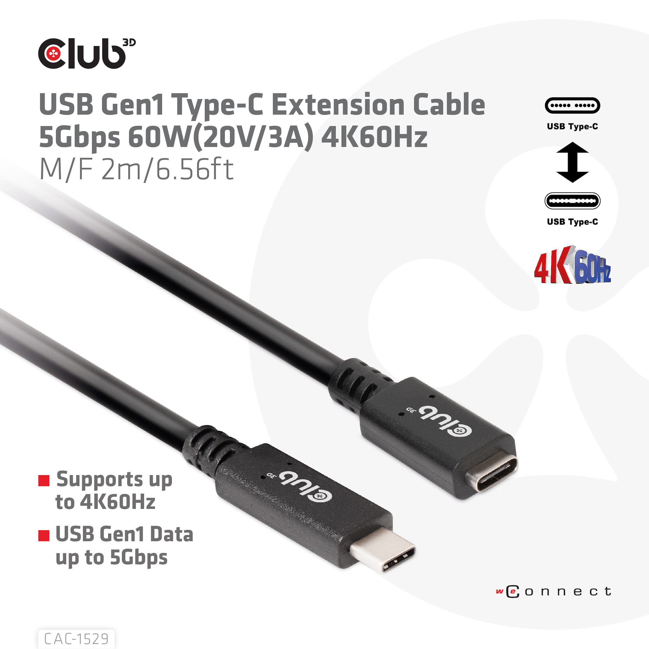 CLUB3D USB Gen1 Type-C Extensie kabel 5Gbps 60W(20V/3A) 4K60Hz M/F 2m/6.56ft - Afbeelding 4
