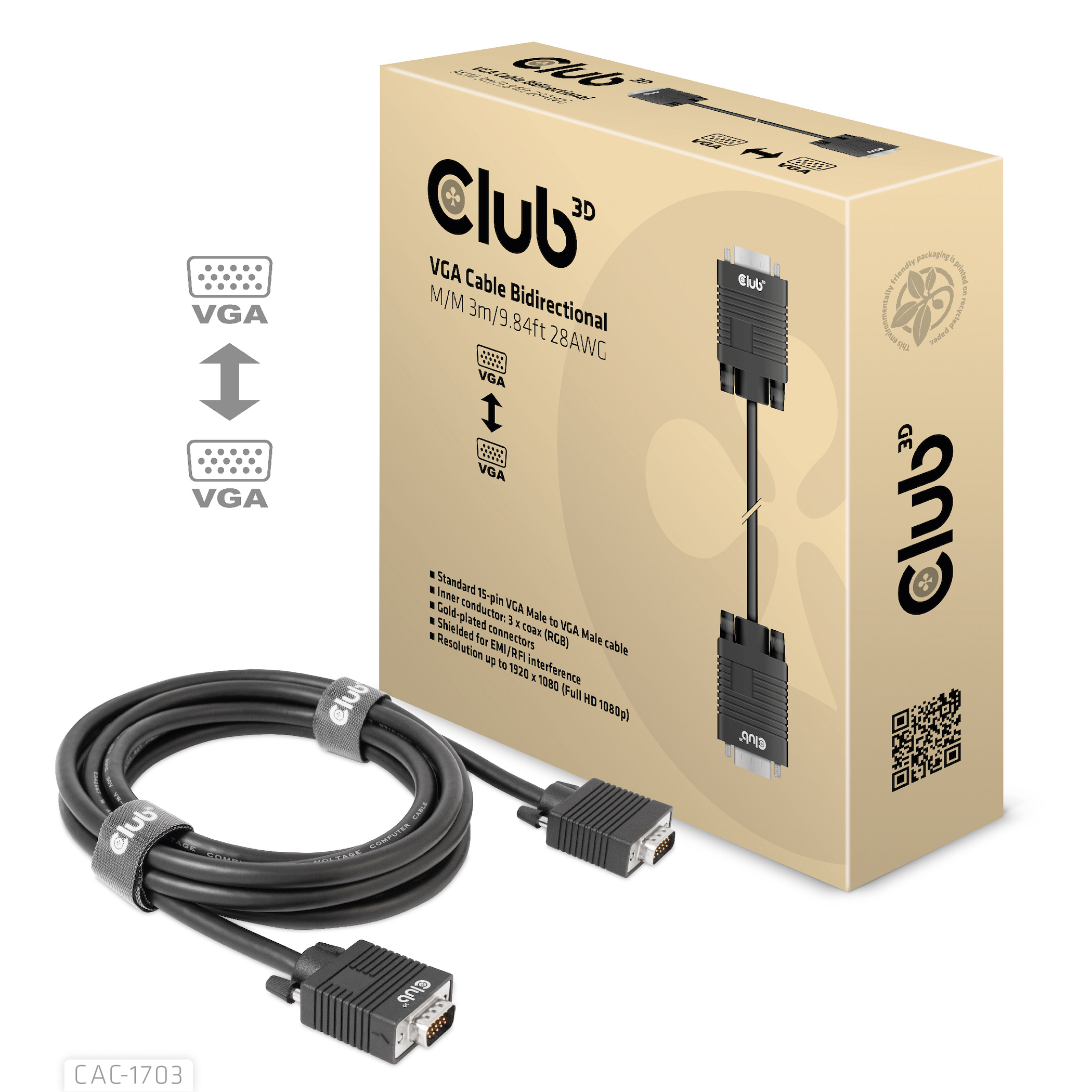CLUB3D VGA Cable Bidirectional M/M 3m/9.84ft 28AWG - Afbeelding 3