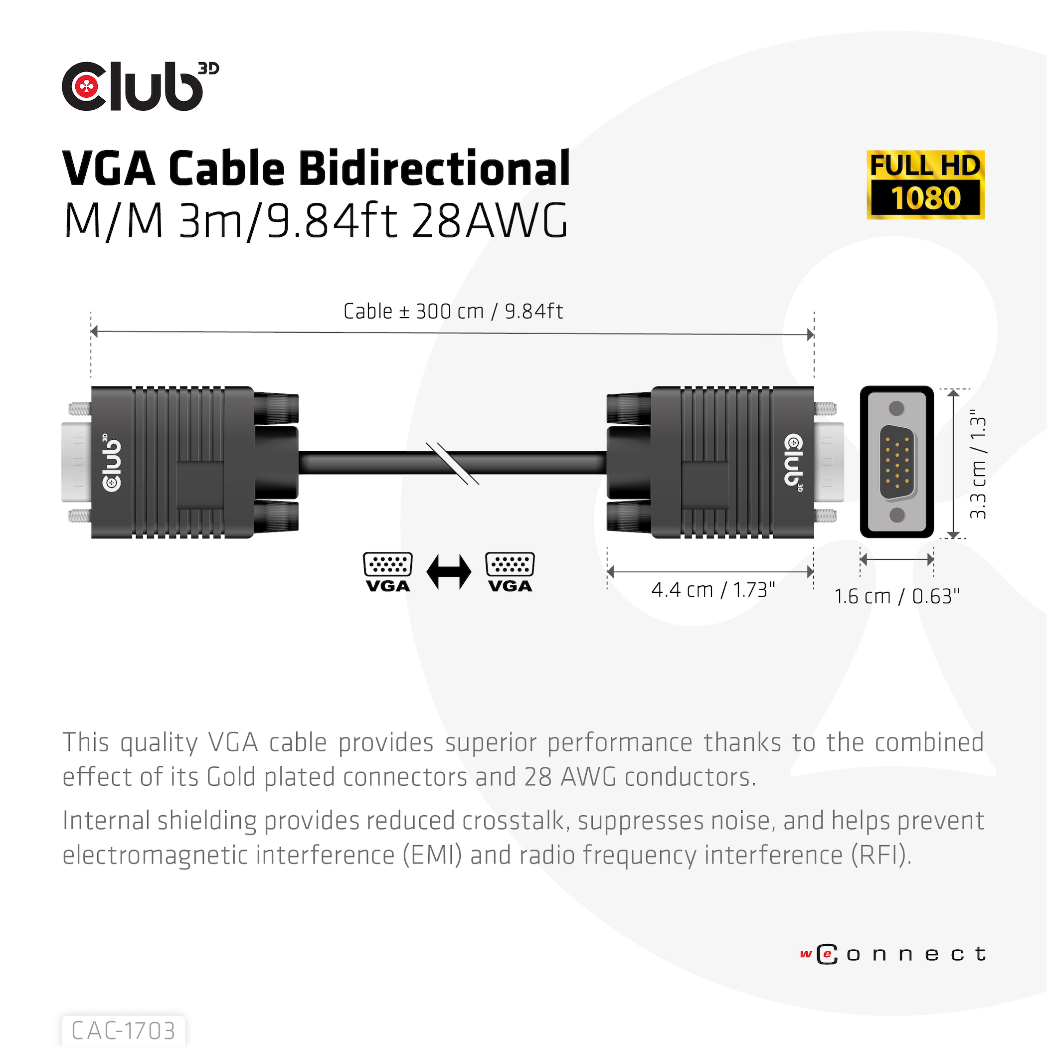 CLUB3D VGA Cable Bidirectional M/M 3m/9.84ft 28AWG - Afbeelding 5