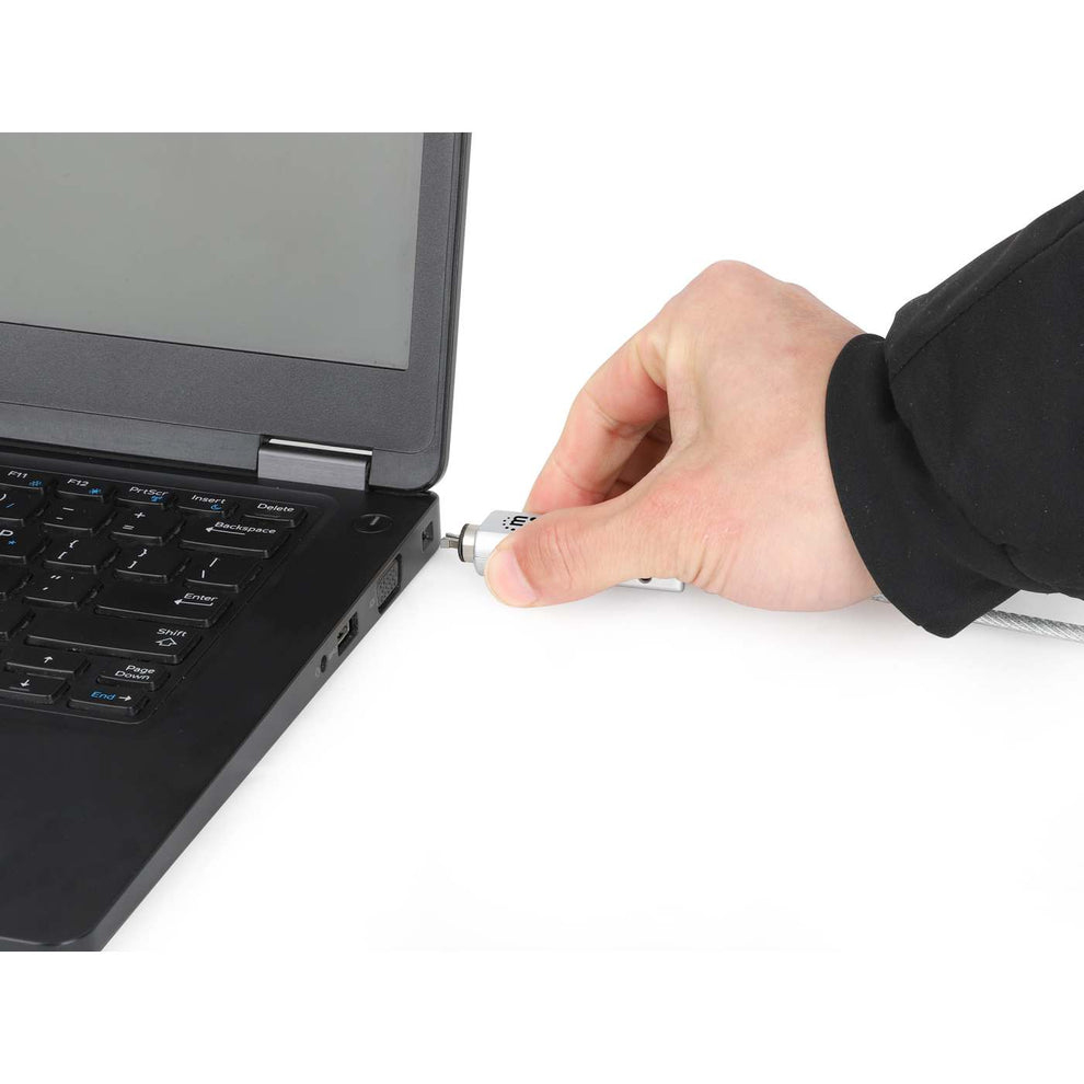 Manhattan Universeel combinatieslot voor laptop (Noble Wedge®, Nano en K-Slot), 3-in-1 diefstalbeveiliging, resetbare 4-cijferige combinatie, kabel van 1,8 m van koolstofstaal, snijbestendig, PVC-coating transparant, zilver - Afbeelding 7