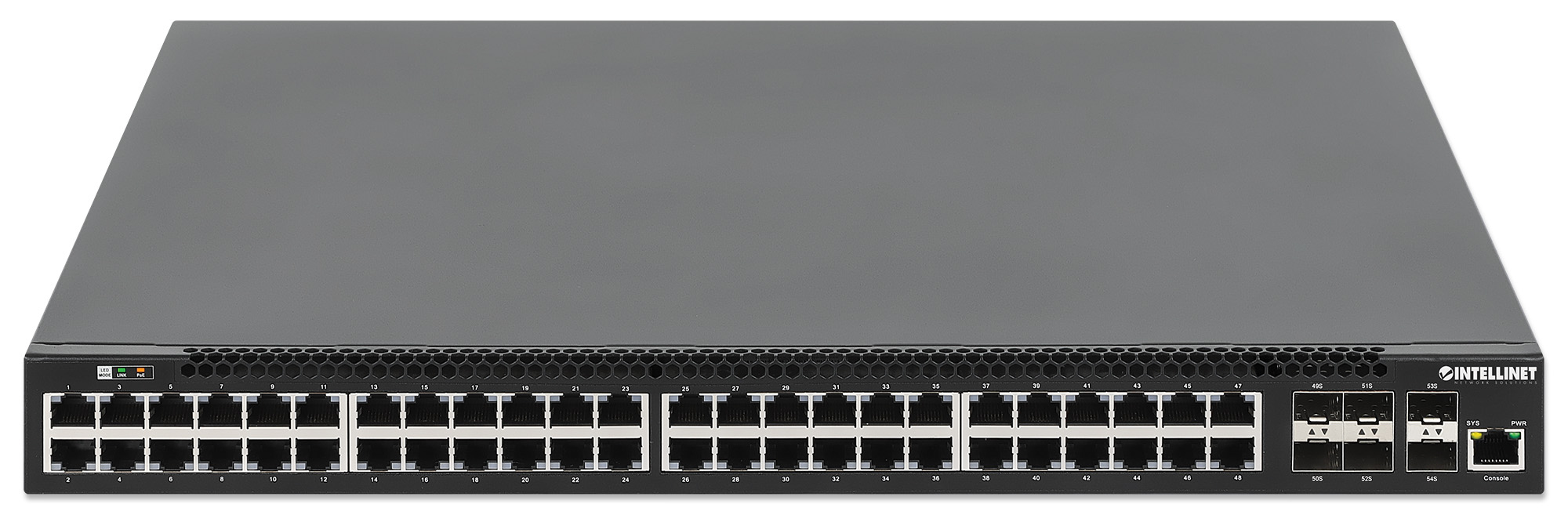 Intellinet 54-poorts L3 volledig beheerde Gigabit PoE+ netwerk switch, 48x RJ45 + 6x 10G SFP+ uplinks, PoE-budget 850 W, Layer 3 routing, VLAN/QoS, 19" rackmontage, professionele netwerkomgevingen, 3 jaar garantie - Afbeelding 4
