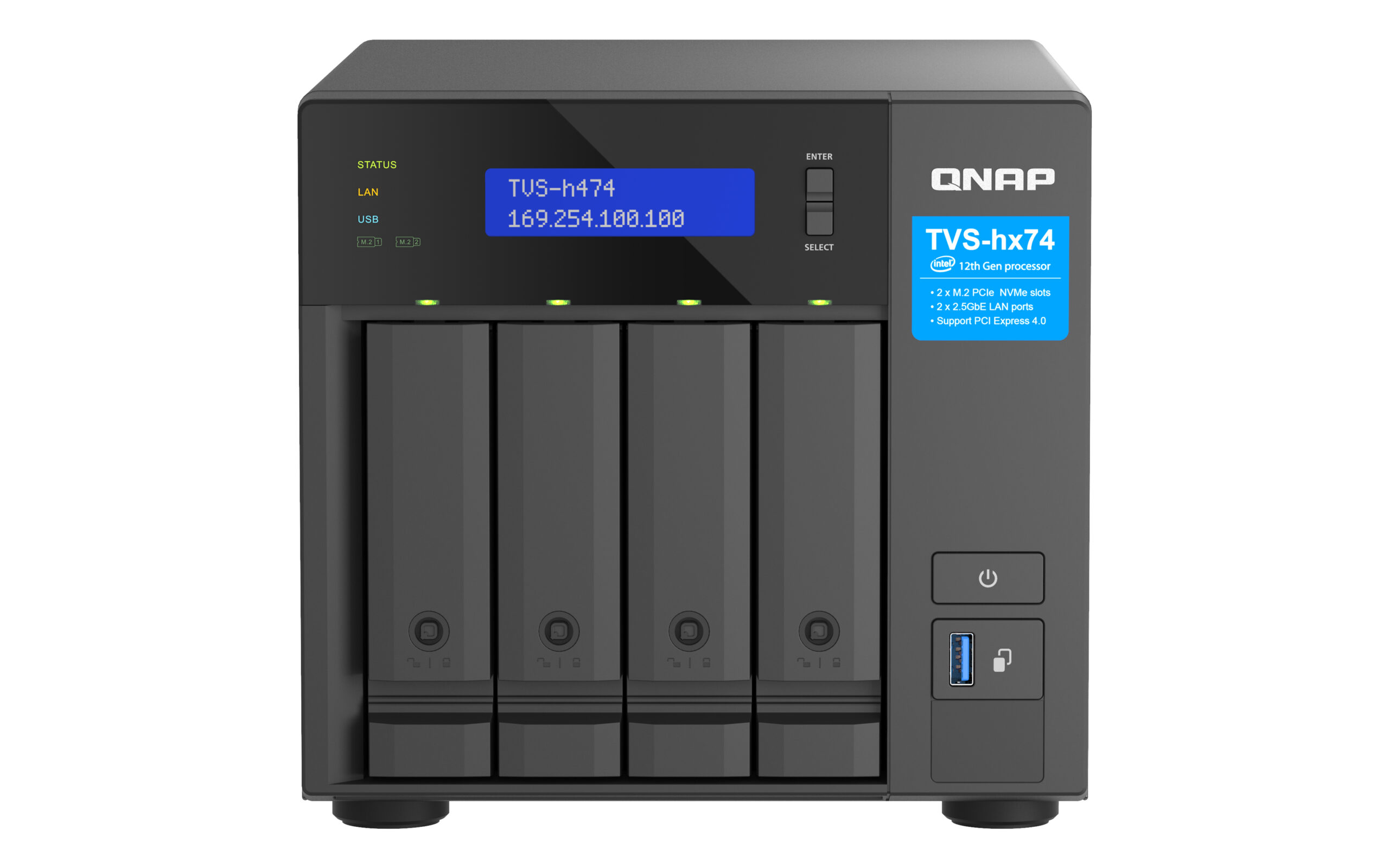 QNAP TVS-H474 NAS Tower Intel® Pentium® G7400 8 GB DDR4 0 TB QuTS hero Zwart