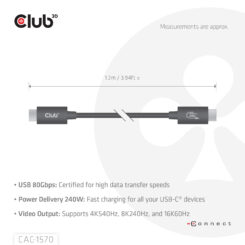 CLUB3D USB 80Gbps Certified 240W 8K240Hz Type-C® 1.2m / 3.94ft Black Cable - Afbeelding 6