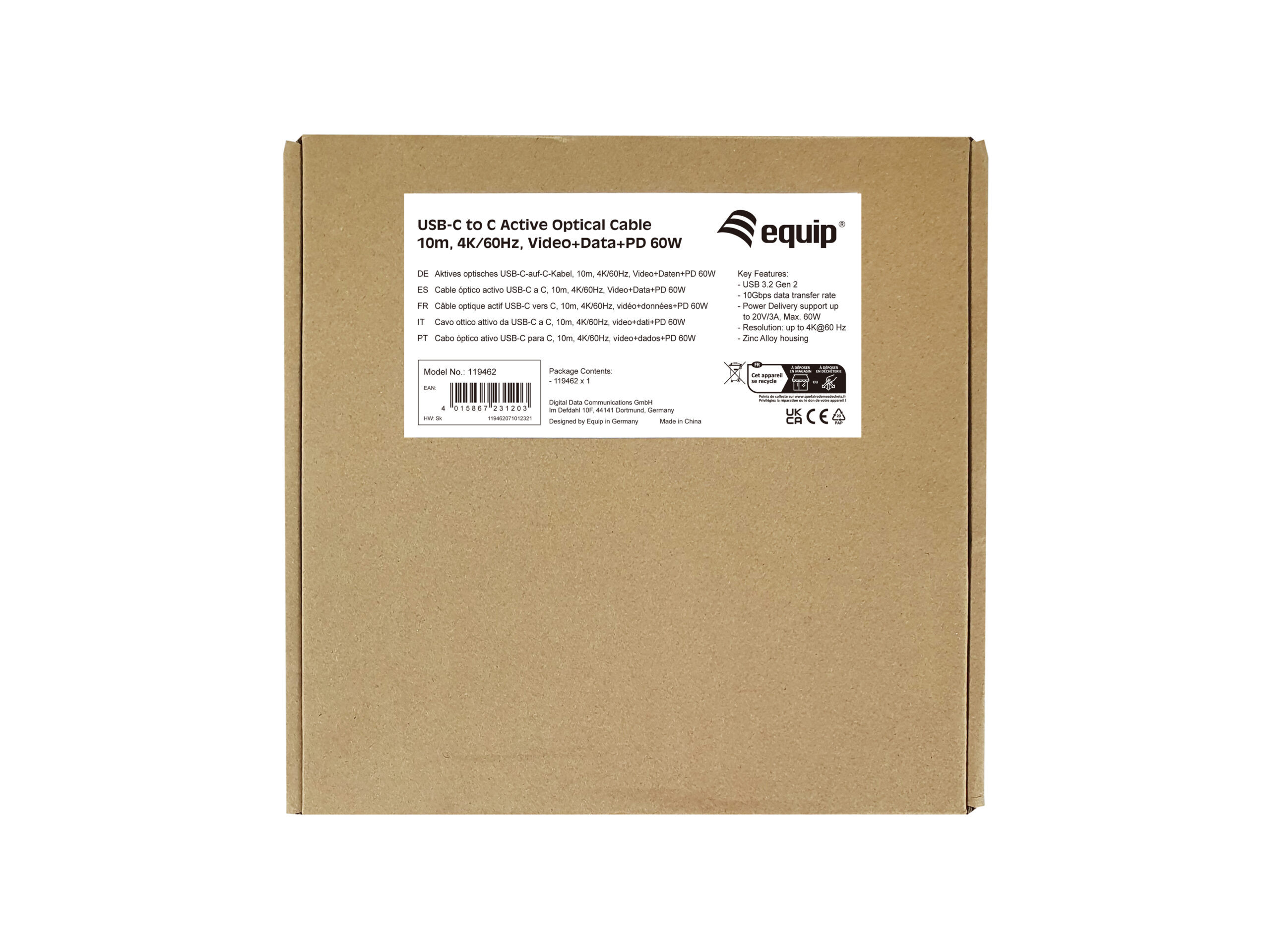 Equip 119462 USB-C naar C Active Optical Kabel, M/M, 10m, PD 60W, 4K/60Hz, 10Gbps, Video+Data+PD - Afbeelding 7