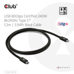 CLUB3D USB 80Gbps Certified 240W 8K240Hz Type-C® 1.2m / 3.94ft Black Cable - Afbeelding 5