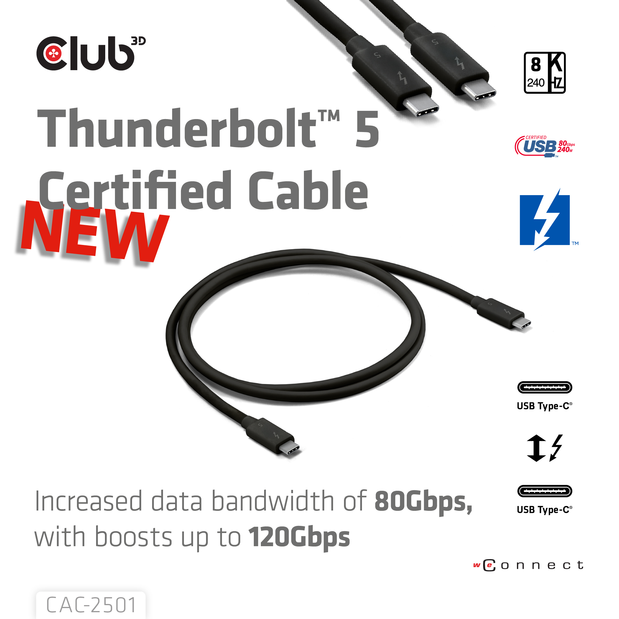 CLUB3D Thunderbolt™ 5 Gecertificeerd 8K240Hz 80/120 Gbps EPR 240 Watt Kabel M/M 1m - Afbeelding 3