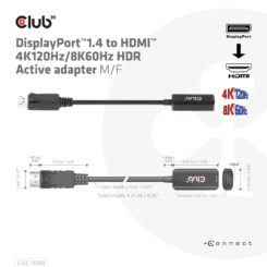 CLUB3D DisplayPort1.4 to HDMI 4K120Hz/8K60Hz HDR Active adapter M/F - Afbeelding 4