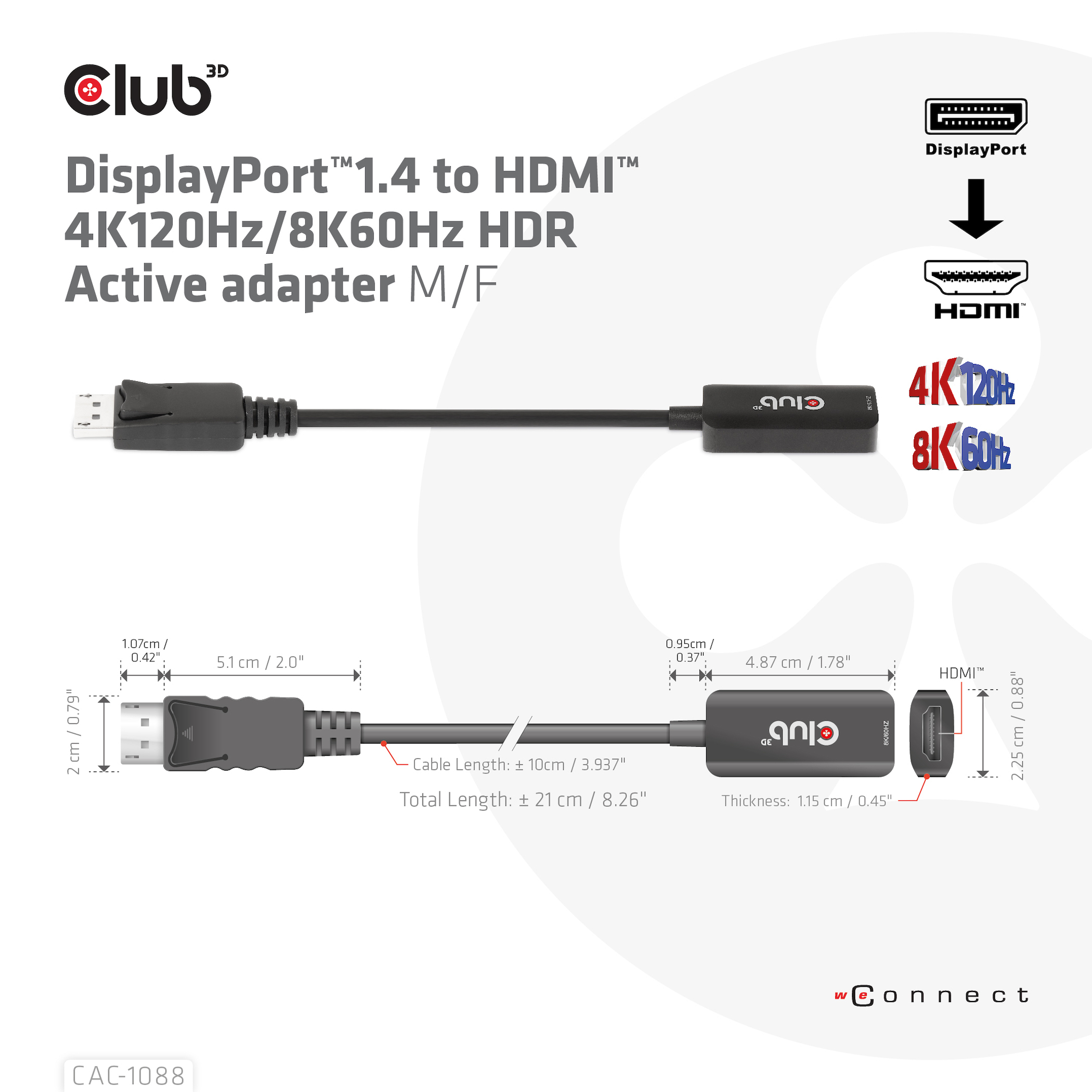 CLUB3D DisplayPort1.4 to HDMI 4K120Hz/8K60Hz HDR Active adapter M/F - Afbeelding 4