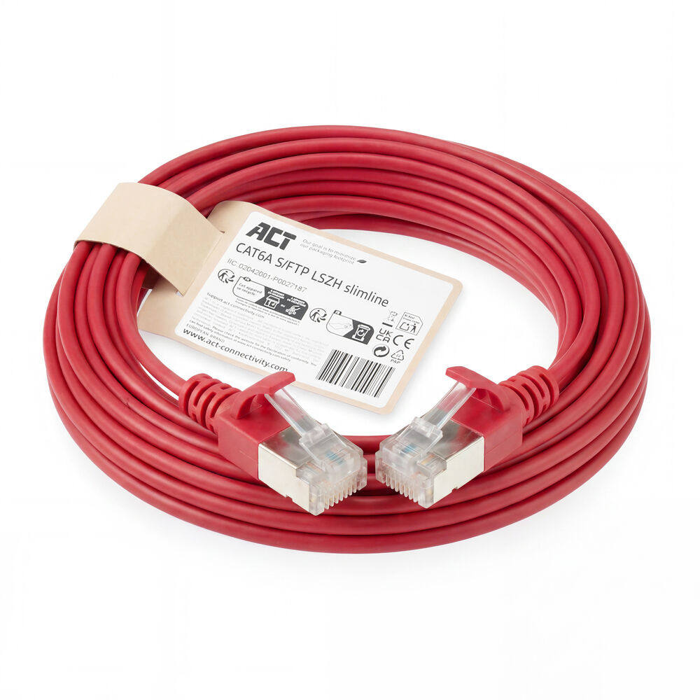ACT Rode 3 meter LSZH S/FTP CAT6A slimline patchkabel snagless met RJ45 connectoren - Afbeelding 3