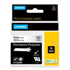DYMO Rhino industriële labels | Permanent Polyester | 9 mm x 3,5 m | zwarte afdruk op transparant | zelfklevende labels voor Rhino & LabelManager labelprinters