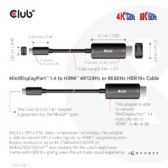 CLUB3D MiniDisplayPort kabel 1.4 naar HDMI met 4K120Hz/8K60Hz HDR10+ M/M 1.8m - Afbeelding 4