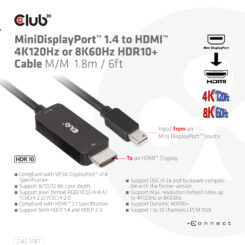 CLUB3D MiniDisplayPort kabel 1.4 naar HDMI met 4K120Hz/8K60Hz HDR10+ M/M 1.8m - Afbeelding 3