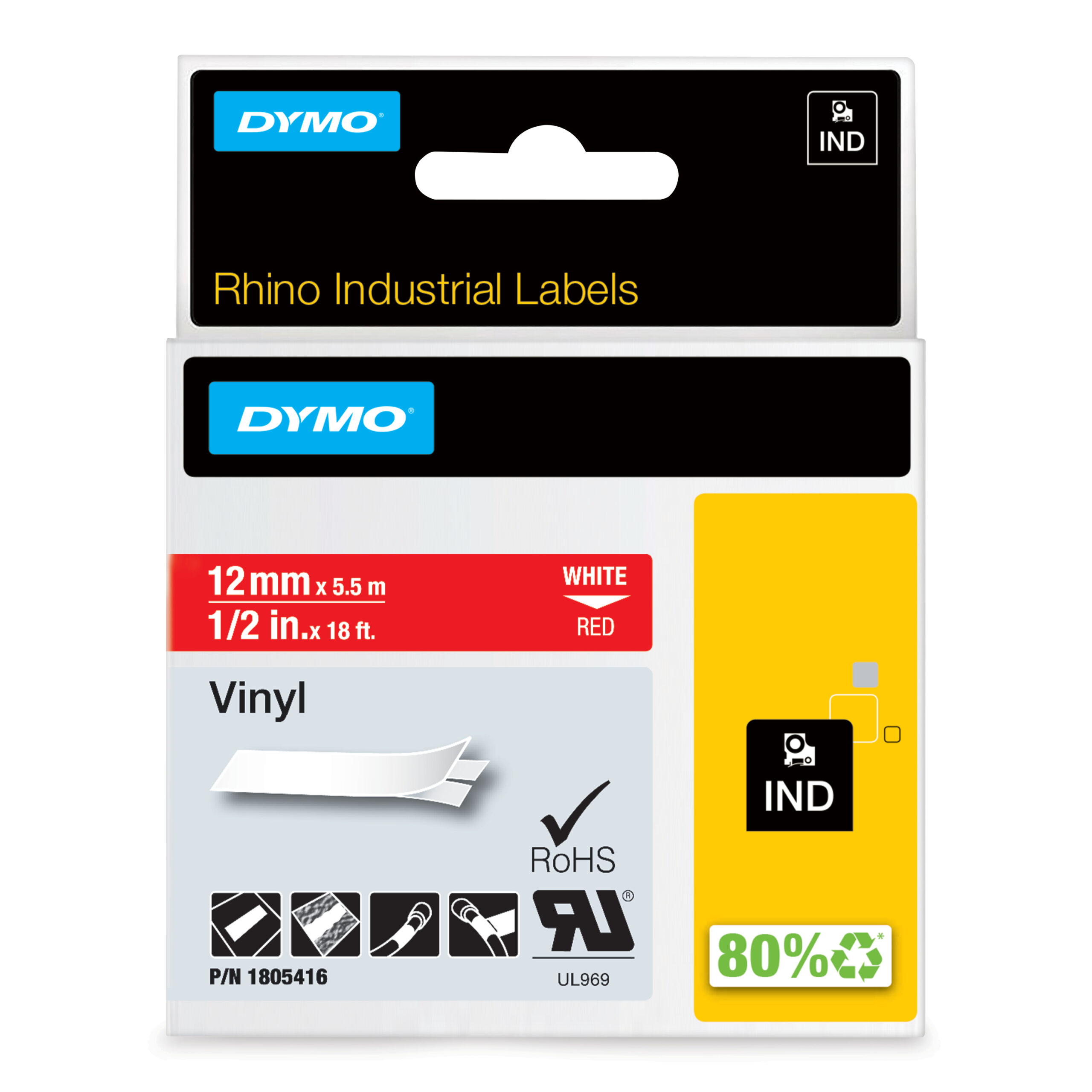DYMO Rhino industriële Vinyl Labels | 12 mm x 5,5 m | witte afdruk op rood | zelfklevende labels voor Rhino & LabelManager labelprinters - Afbeelding 2