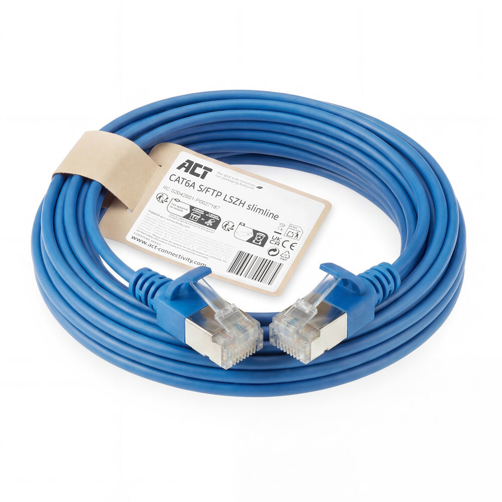 ACT Blauwe 7 meter LSZH S/FTP CAT6A slimline patchkabel snagless met RJ45 connectoren - Afbeelding 3
