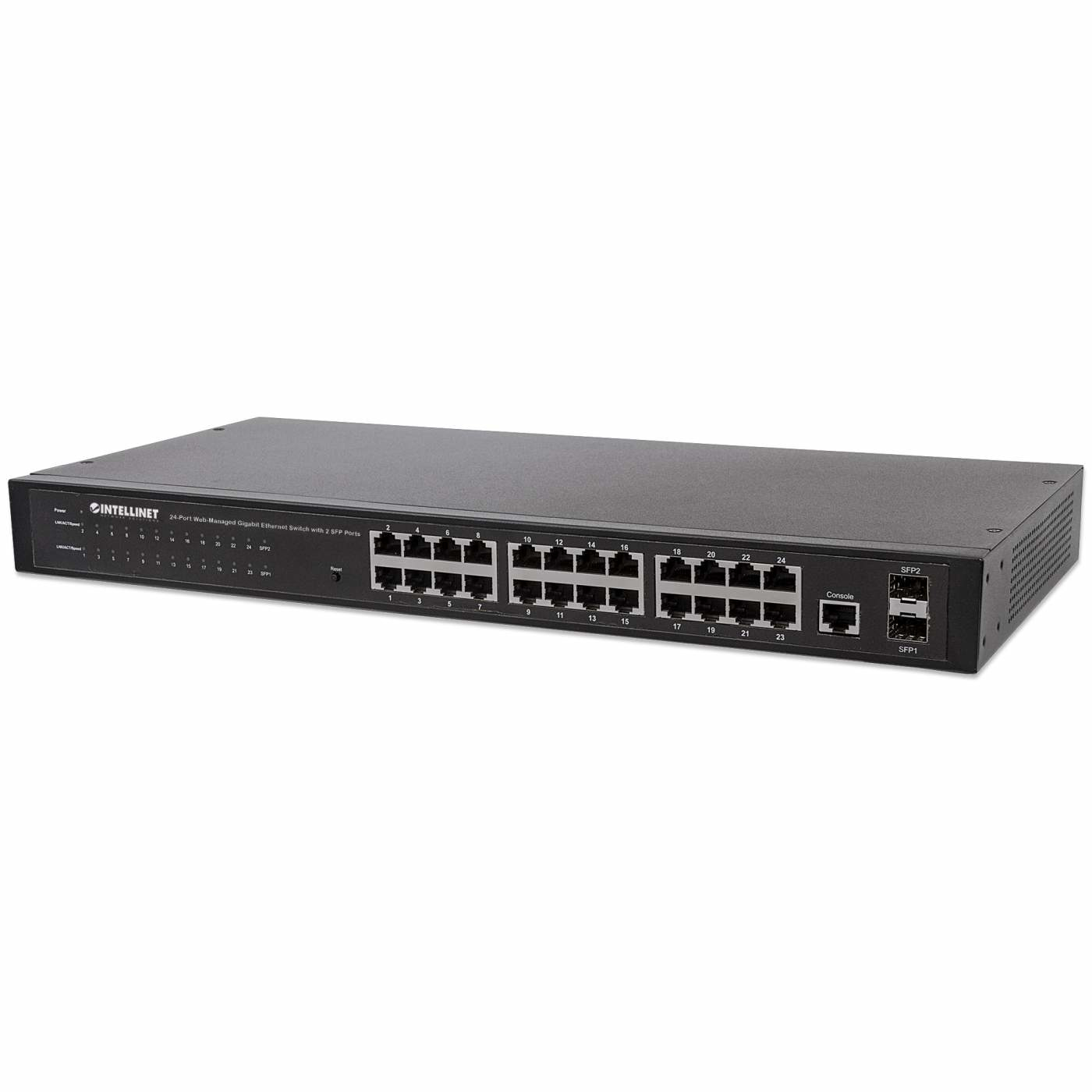 Intellinet 24-poorts Gigabit web-smart netwerk switch, 24x RJ45 10/100/1000 Mbps + 4x SFP-uplink, VLAN-ondersteuning, rackmontage, metalen behuizing, 3 jaar garantie