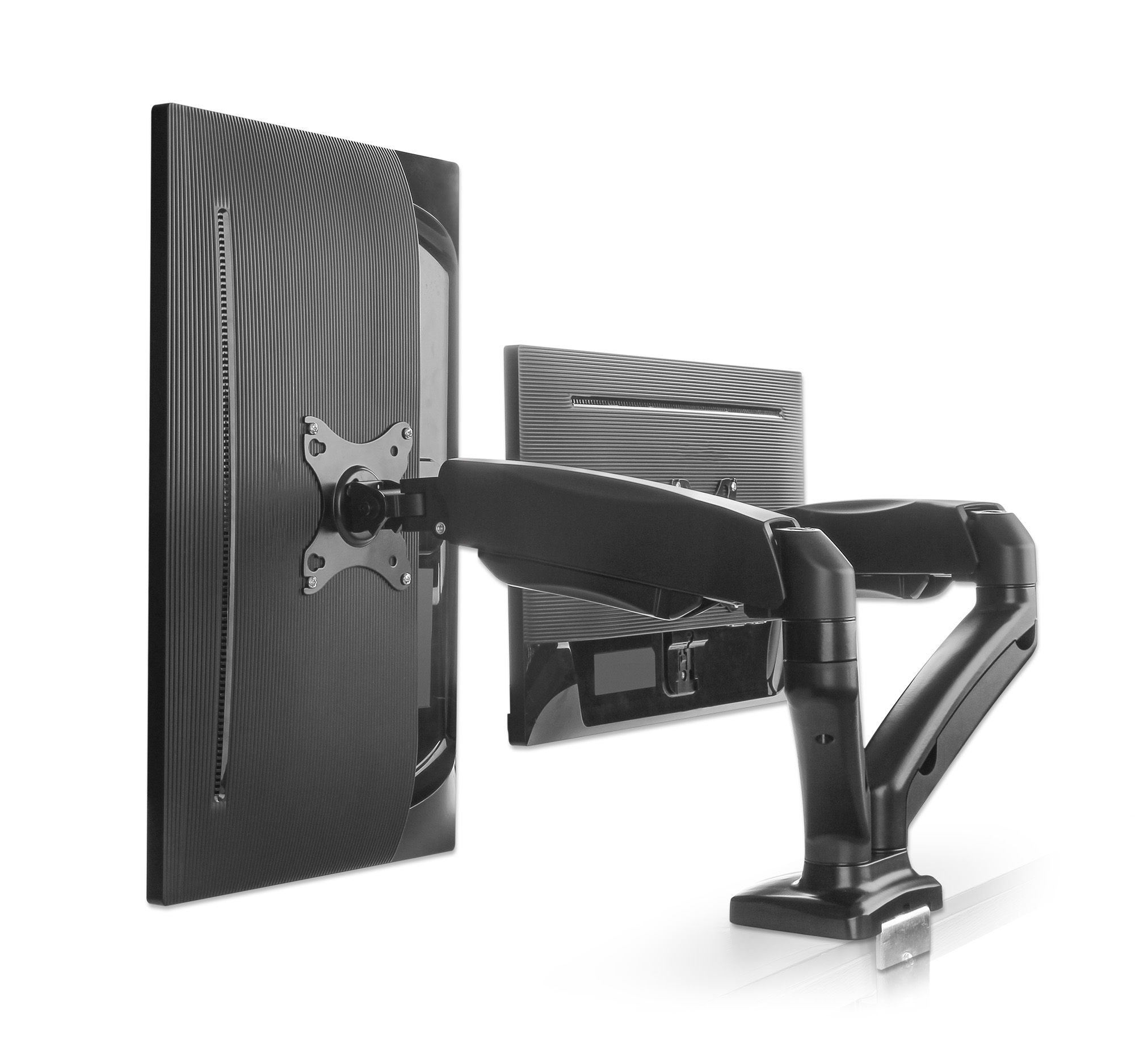 Manhattan Bureaubeugel voor 2 TV’s en monitoren (Volledig Verstelbaar met veer), voor schermen 10"–27", met tafelklem of bladdoorvoer, VESA-compatibiliteit: 75x75 en 100x100 mm (controleer de afmetingen van de vier montagegaten aan de achterzijde) - Afbeelding 4