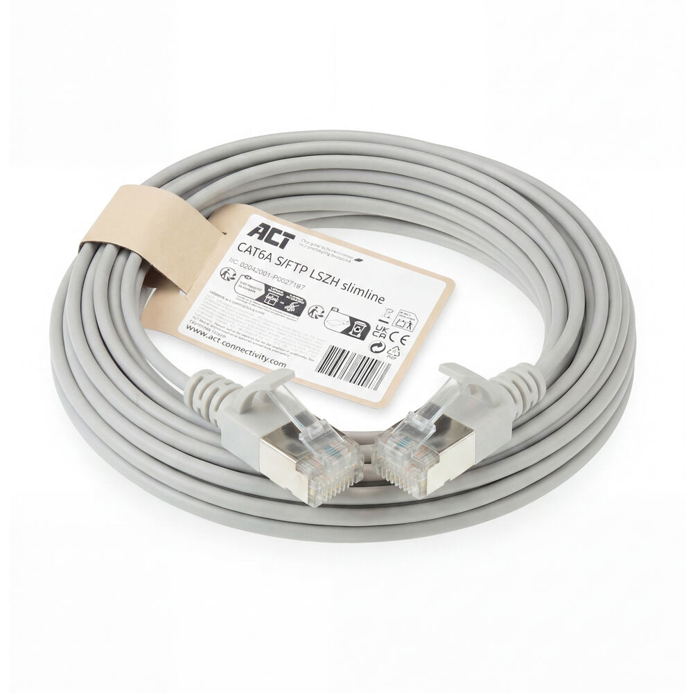 ACT Grijze 10 meter LSZH S/FTP CAT6A slimline patchkabel snagless met RJ45 connectoren - Afbeelding 3
