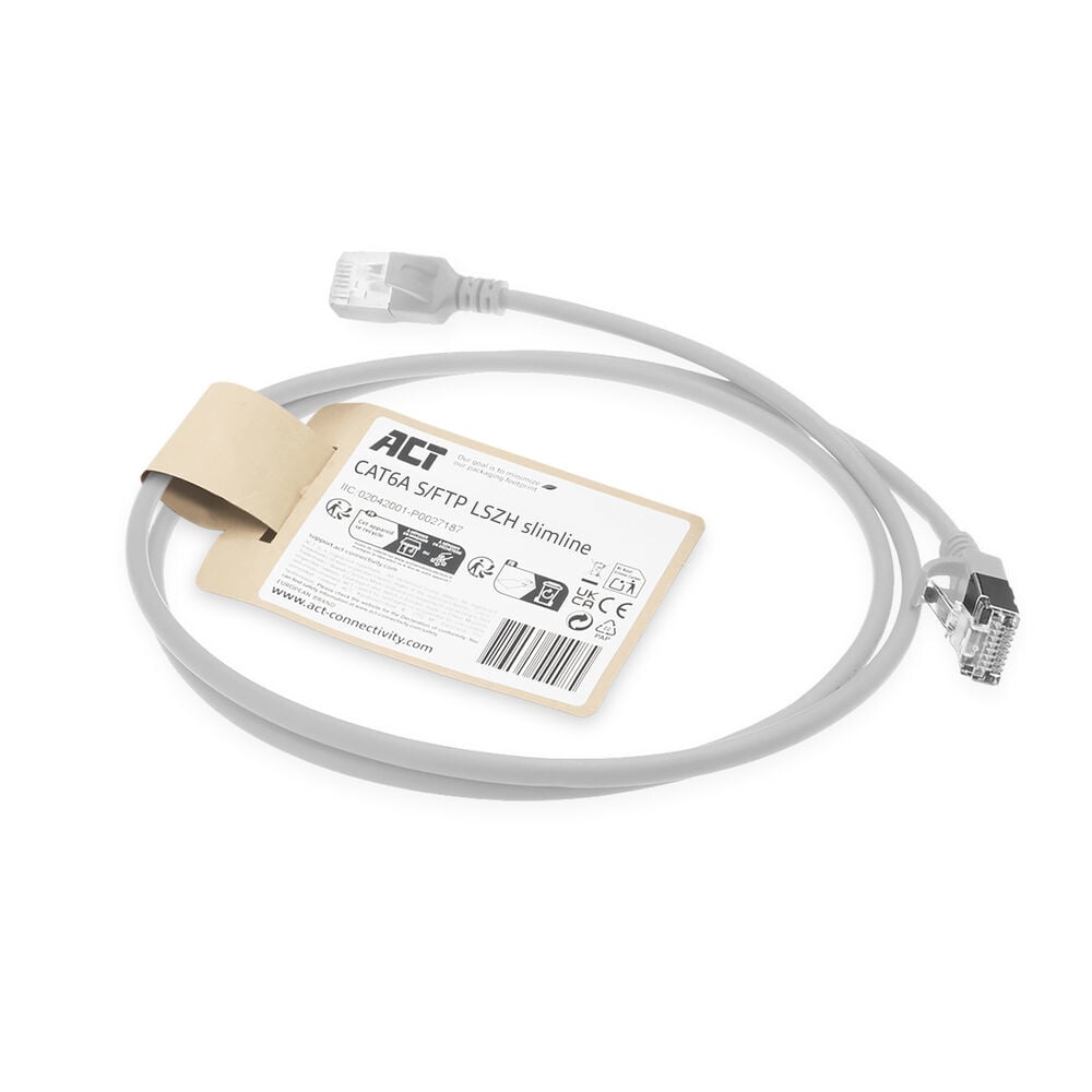 ACT Grijze 1 meter LSZH S/FTP CAT6A slimline patchkabel snagless met RJ45 connectoren - Afbeelding 3