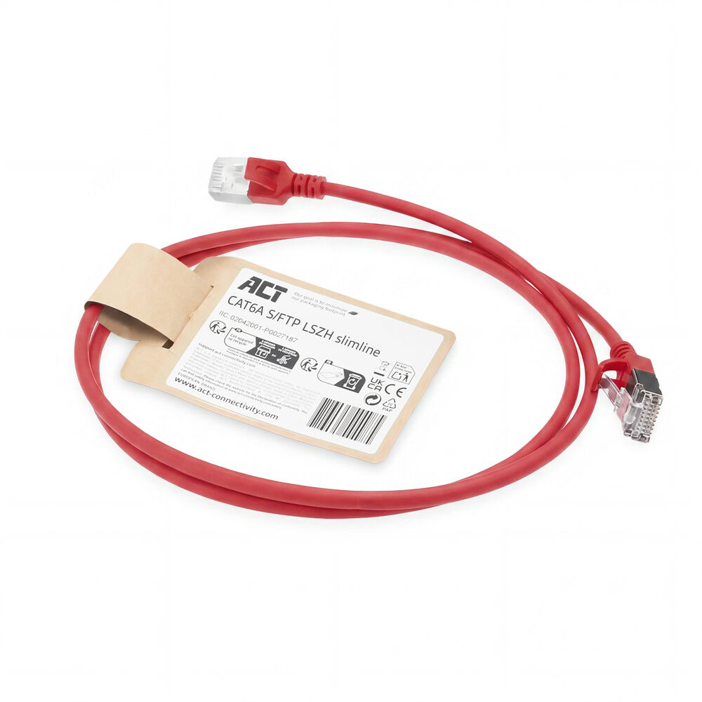 ACT Rode 1 meter LSZH S/FTP CAT6A slimline patchkabel snagless met RJ45 connectoren - Afbeelding 3