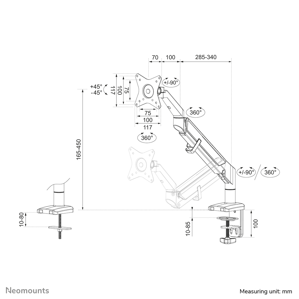 Neomounts DS70-810BL1 Monitorarm 17-32" - gasveer - ruimtebesparend - 180°-stop - Afbeelding 21