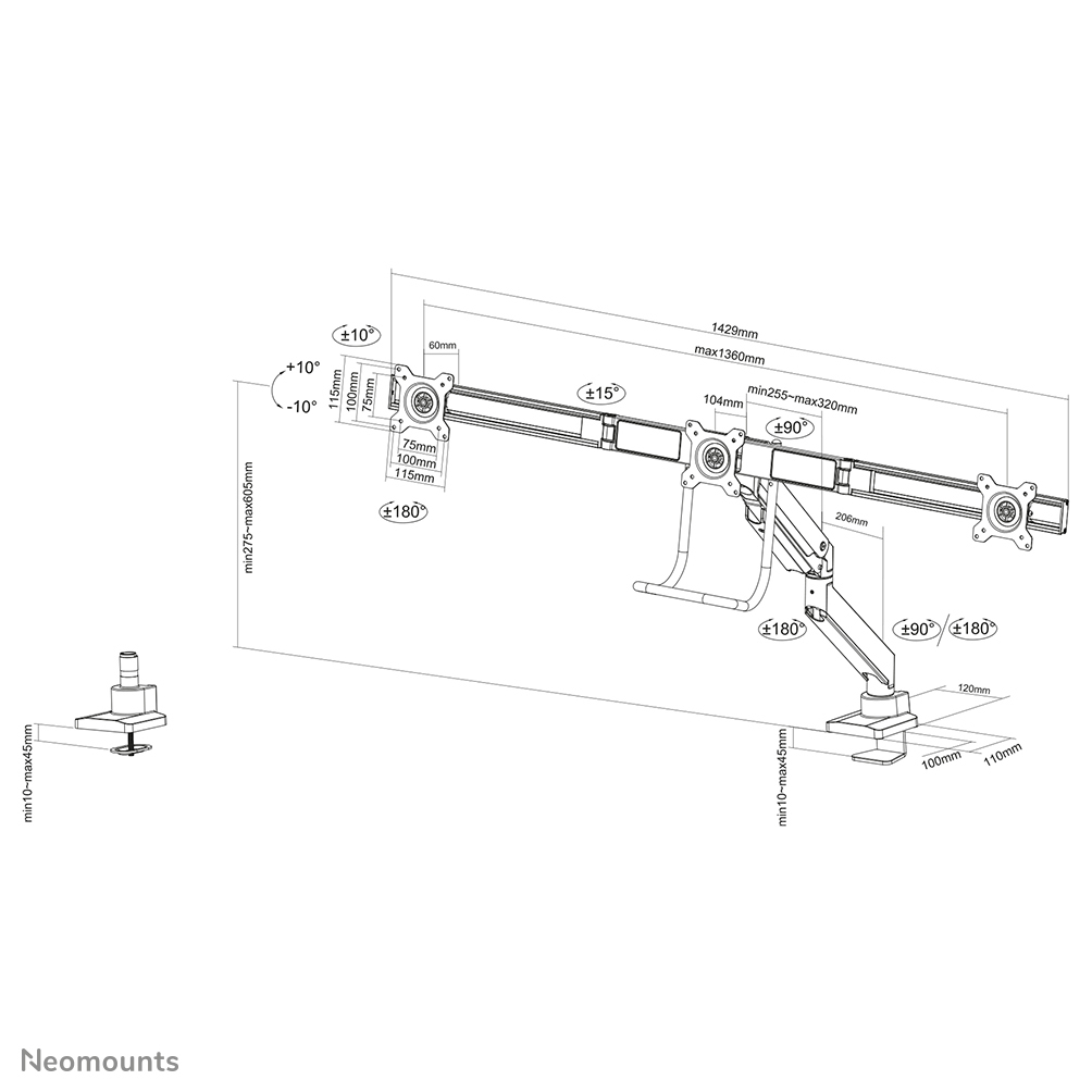 Neomounts NM-D775DX3WHITE flat panel bureau steun 68,6 cm (27") Wit - Afbeelding 13
