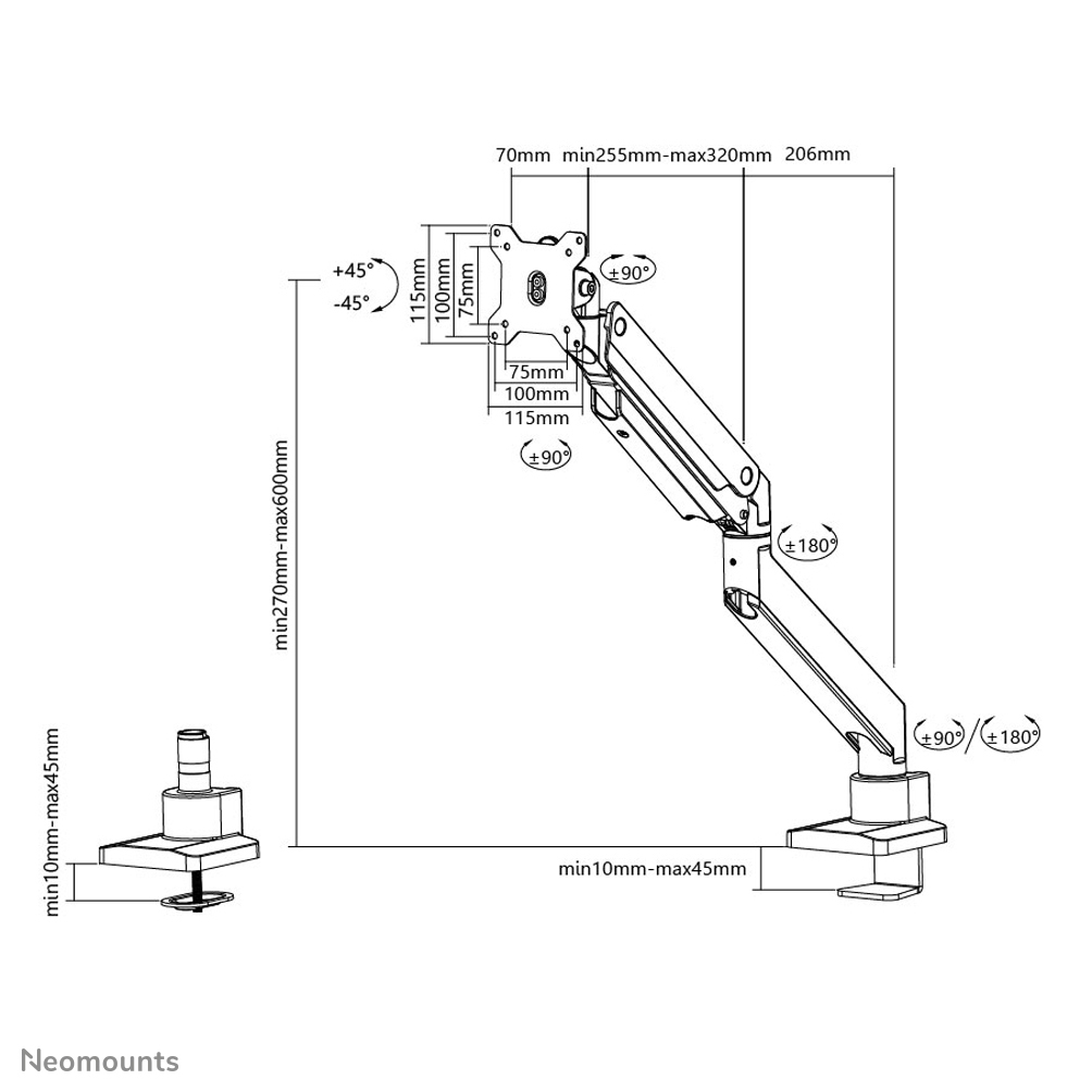 Neomounts NM-D775WHITEPLUS Monitorarm 10-49" - gasveer - Topfix - 180°-stop - Afbeelding 16