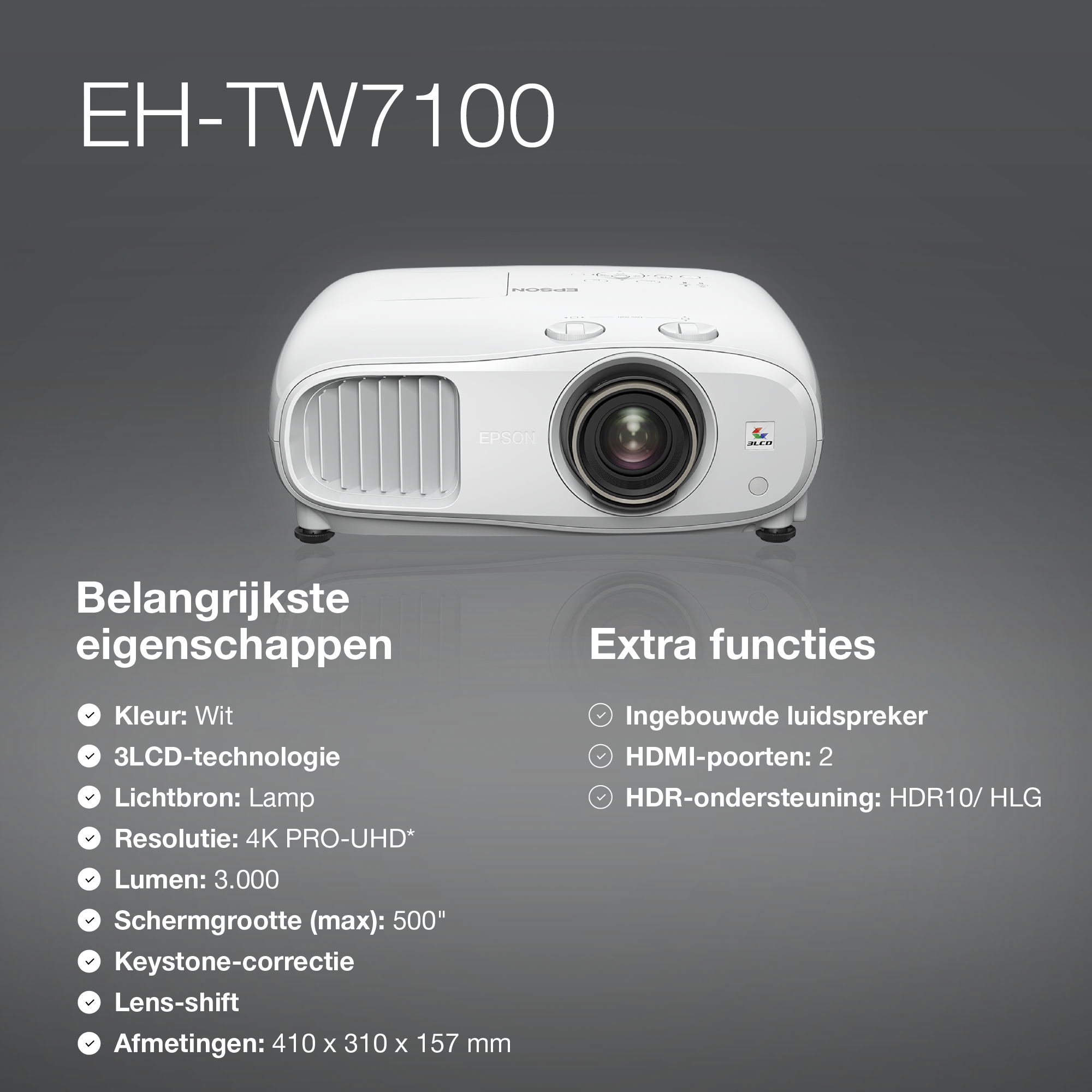 Epson EH-TW7100 4K PRO-UHD-projector, 3000 lumen, scherm van maximaal 500 inch - Afbeelding 11