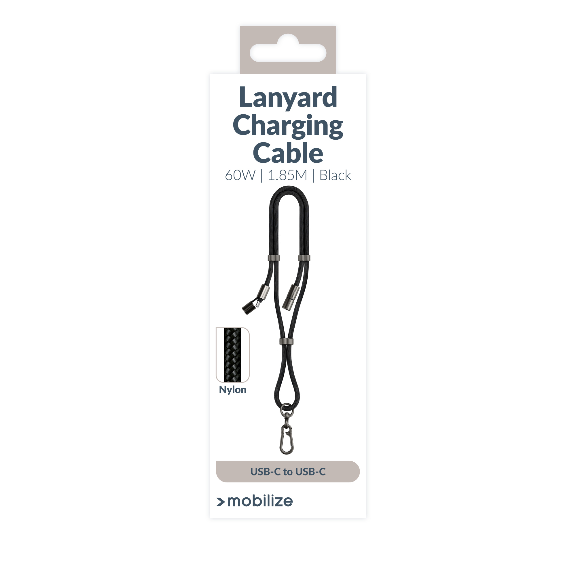 Mobilize Lanyard Nylon Cable - USB-C to USB-C - 1.85m - 60W Black - Afbeelding 9