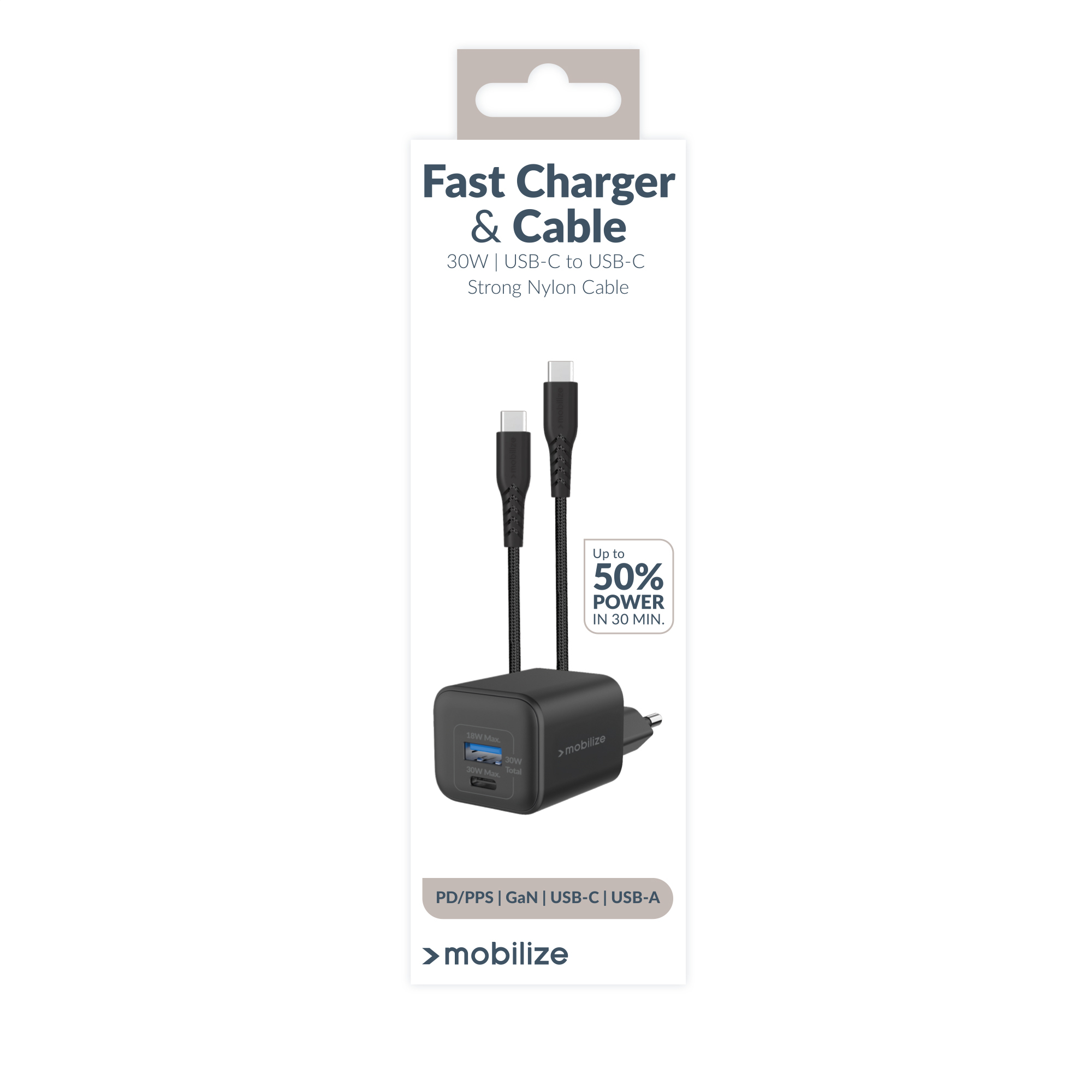 Mobilize Wall Charger USB-C + USB GaN 30W with PD/PPS + USB-C Nylon Cable 1.2m Black - Afbeelding 9