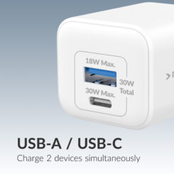 Mobilize Wall Charger USB-C + USB GaN 30W with PD/PPS + USB-C Nylon Cable 1.2m White - Afbeelding 3