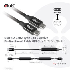 CLUB3D USB 3.2 Gen2 Type C naar C Actieve Bi-directionele Kabel 8K60Hz (alt modus) M/M 5m/16.4ft - Afbeelding 5