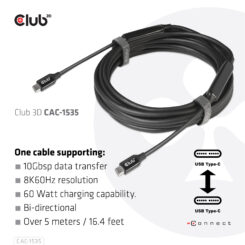 CLUB3D USB 3.2 Gen2 Type C naar C Actieve Bi-directionele Kabel 8K60Hz (alt modus) M/M 5m/16.4ft - Afbeelding 6