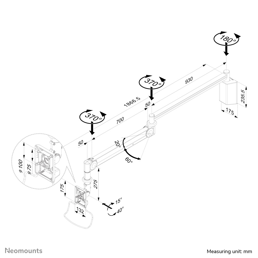 Neomounts FPMA-HAW100HC Medische monitorarm wand 10-32" - h 0-170 cm - gasveer - Afbeelding 12