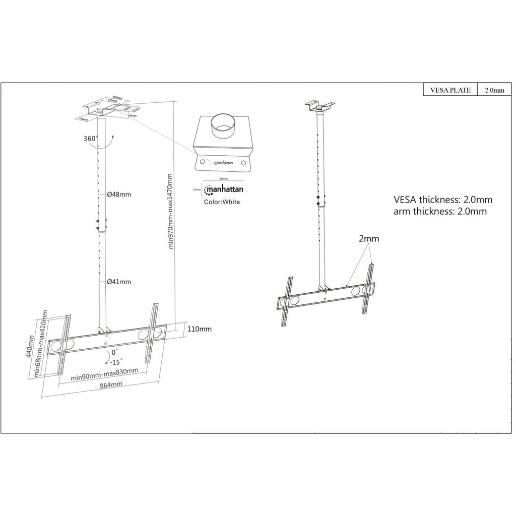 Manhattan Plafondbeugel voor TV’s en monitoren, voor schermen 37"–75", hoogte verstelbaar 105–156 cm, VESA-compatibiliteit: van 200x200 tot 800x400 mm (controleer de afmetingen van de vier montagegaten aan de achterzijde), max. 50 kg, zwart - Afbeelding 6