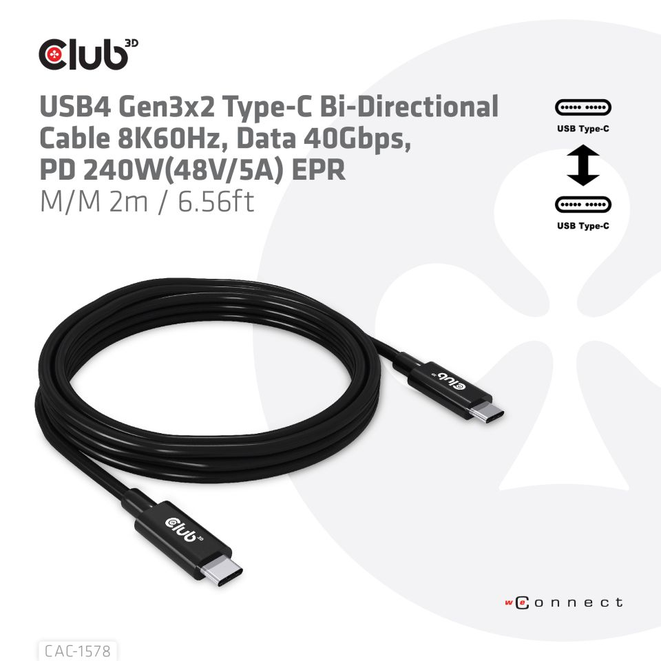 CLUB3D USB4 Gen3x2 Type-C Bi-Directional Cable 8K60Hz, Data 40Gbps, PD 240W(48V/5A) EPR M/M 2m / 6.56ft - Afbeelding 3
