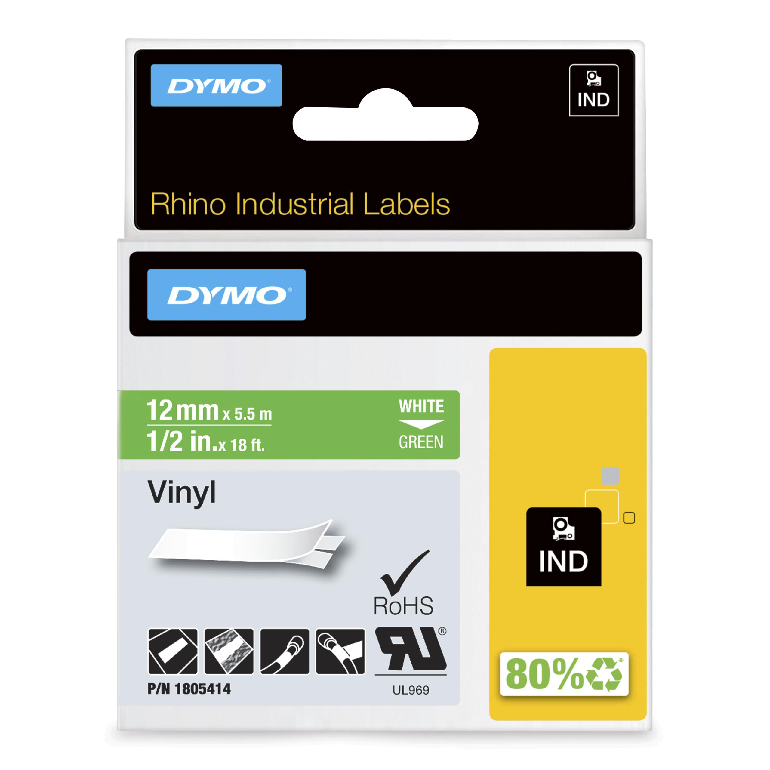 DYMO Rhino industriële Vinyl Labels | 12 mm x 5,5 m | witte afdruk op groen | zelfklevende labels voor Rhino & LabelManager labelprinters - Afbeelding 2