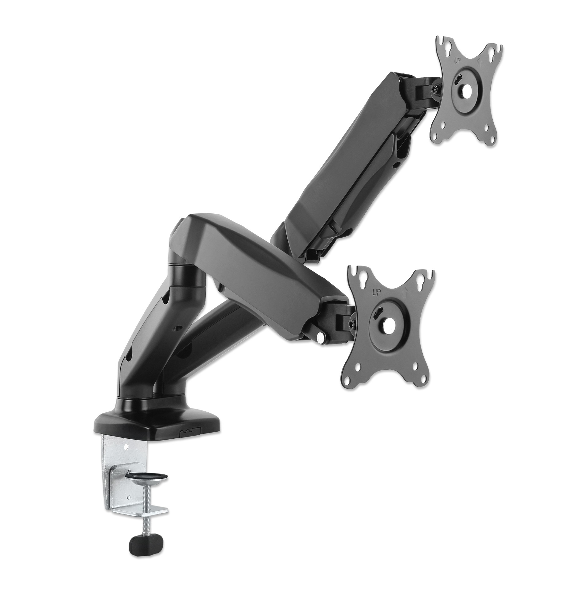 Manhattan Bureaubeugel voor 2 TV’s en monitoren (Volledig Verstelbaar met veer), voor schermen 10"–27", met tafelklem of bladdoorvoer, VESA-compatibiliteit: 75x75 en 100x100 mm (controleer de afmetingen van de vier montagegaten aan de achterzijde) - Afbeelding 2